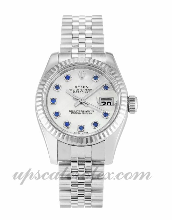 Caixa feminina Rolex Datejust Lady 179174 26 mm Movimento automático madrepérola - Mostrador branco e safira