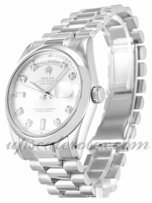 Masculino Rolex Day-Date 118209 caixa 36 mm Movimento automático mostrador prateado com diamantes - Image 3