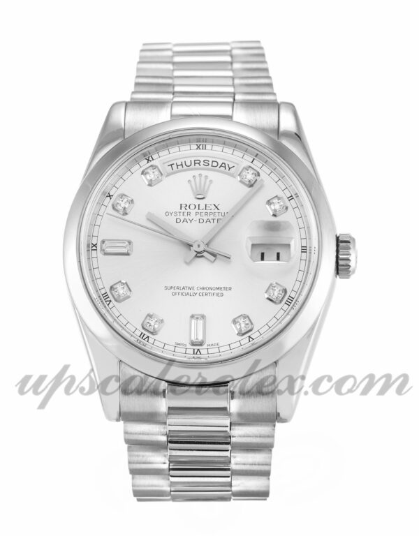 Masculino Rolex Day-Date 118209 caixa 36 mm Movimento automático mostrador prateado com diamantes
