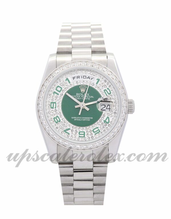 Caixa Lady Rolex Day-Date 118346 36 mm Movimento automático verde e prata com mostrador de diamante