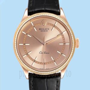 Rolex Cellini 39mm m50705rbr-0010 Masculino Mostrador De Ouro Rosa Correia De Couro