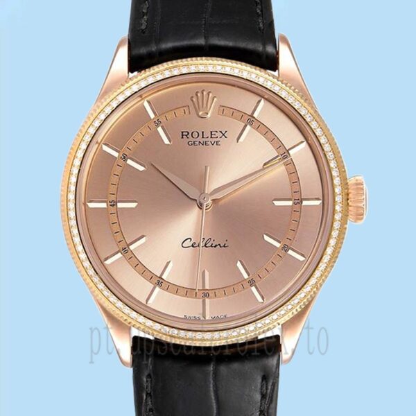 Rolex Cellini 39mm m50705rbr-0010 Masculino Mostrador De Ouro Rosa Correia De Couro