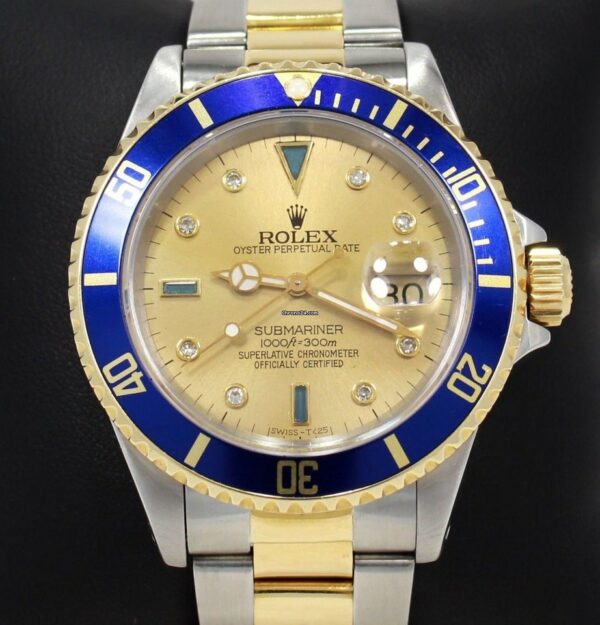 Réplica Suíça Rolex Submariner 16613 Ouro 18k Y/ss Azul Safiras Mostrador Diamantes