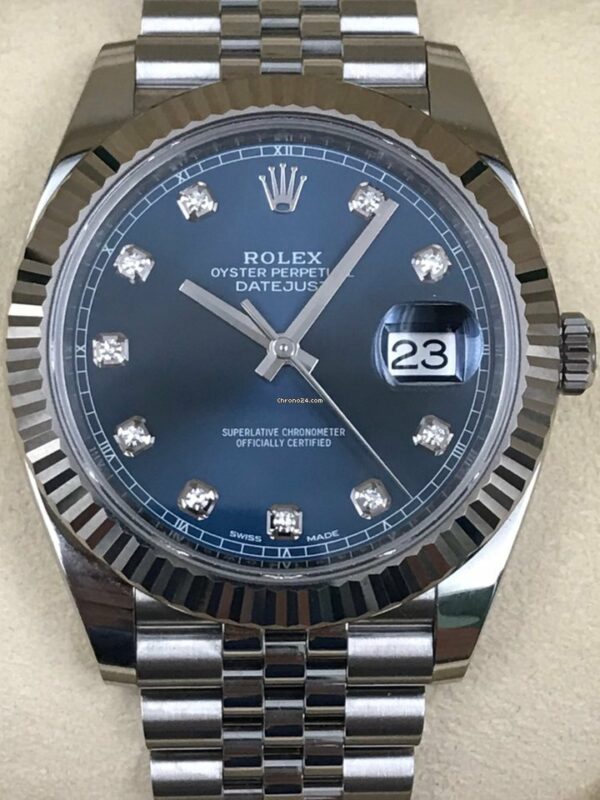 Mostrador azul falso Rolex Datejust 41mm com diamantes canelados Jubilee 126334, nunca usado