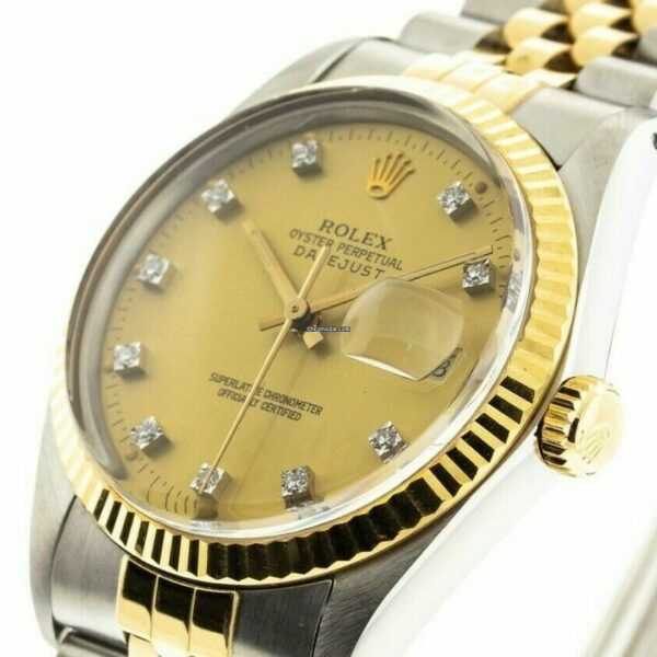 Réplica barata Rolex Datejust 36mm ouro amarelo e mostrador de aço champanhe com diamantes e moldura canelada 16013