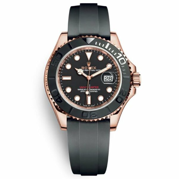Réplica Rolex Suíço 126655 Yacht-master 40mm Mostrador Preto Rosa Ouro Pulseira de Borracha