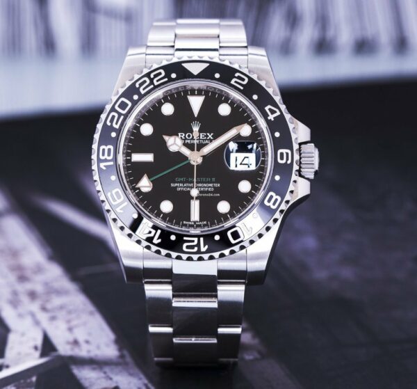 Relógio automático falso Rolex GMT Master II aço mostrador preto 116710