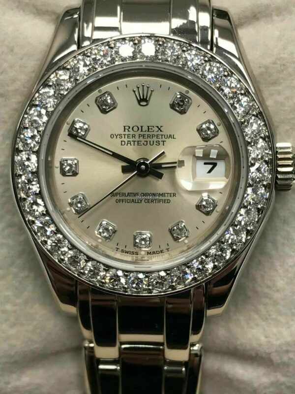 Réplica de luxo Rolex Ladies Pearlmaster 69299 Original Diamond Dial Bezel Ouro Branco 18K