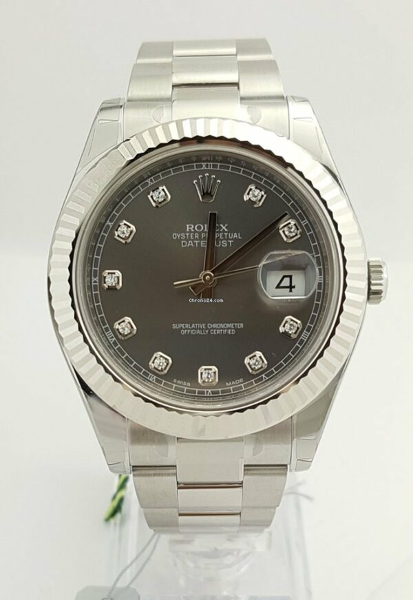 Mostrador de luxo Rolex Datejust II de 41 mm com diamantes banhados a ródio e luneta em ouro branco