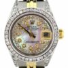 Relógio Feminino Rolex Datejust 26mm falso com mostrador em ouro amarelo e madrepérola rosa e pulseira de aço inoxidável