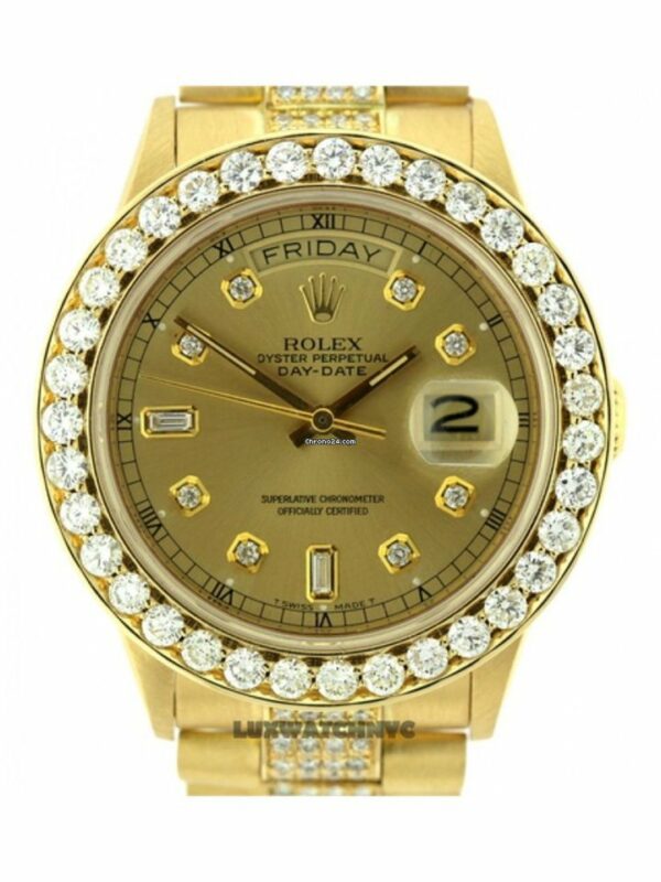 Comprar pulseira de ouro amarelo 18k falso Rolex Day-date masculino 36mm mostrador personalizado