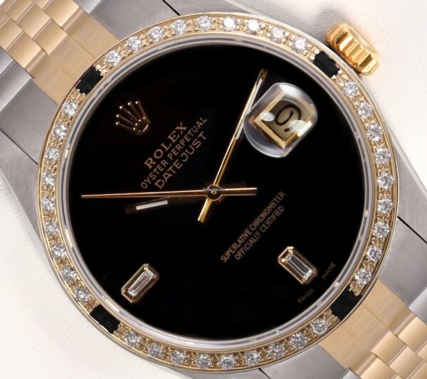 Relógio masculino Rolex falso Datejust dois tons 36mm 18k safira diamante moldura-ônix mostrador baguete