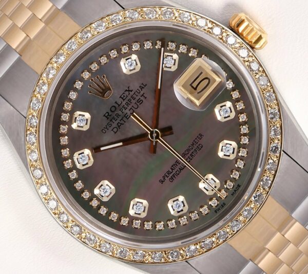 Réplica de qualidade Rolex Mens Datejust 36mm dois tons 18k diamante bisel-preto mop corda diamante mostrador