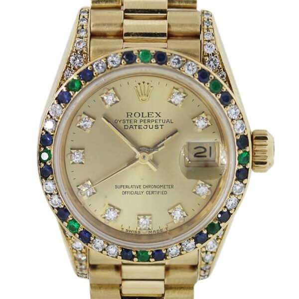 Relógio feminino falso Rolex Datejust 69138s diamante safira esmeralda moldura