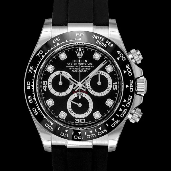 Réplica de luxo Rolex Cosmograph Daytona 18K ouro branco automático mostrador preto diamantes relógio masculino - 116519gln