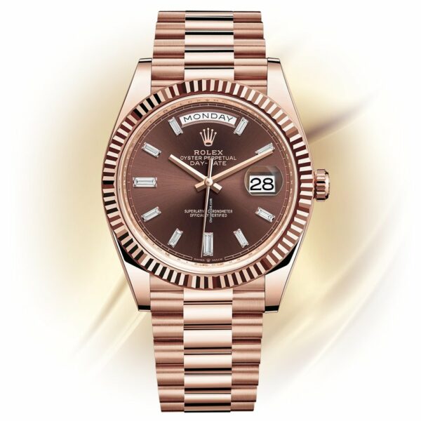 Réplica de luxo Rolex Day-date 40 Chocolate Baguette President em 18K Rose Gold Embalagem completa e sem uso