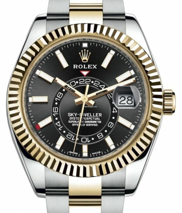 Réplica Suíça Rolex Sky Dweller calendário anual com fuso horário duplo 42 mm Yg Mostrador preto e pulseira de aço 326933