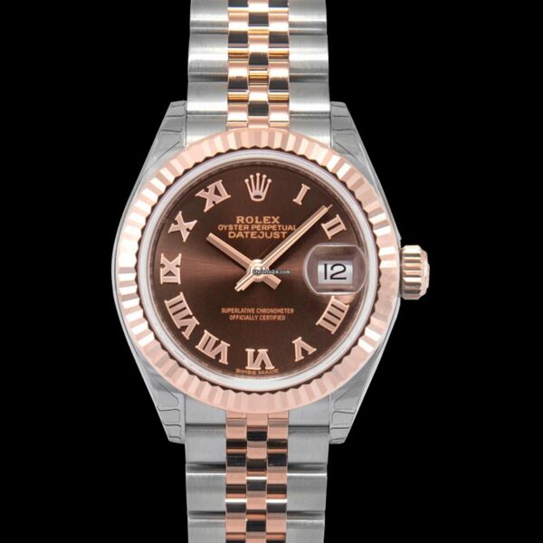 Réplica de qualidade Rolex Lady-datejust 28 Roles ou Rose Fluted Jubilee Chocolate Roman - 279171