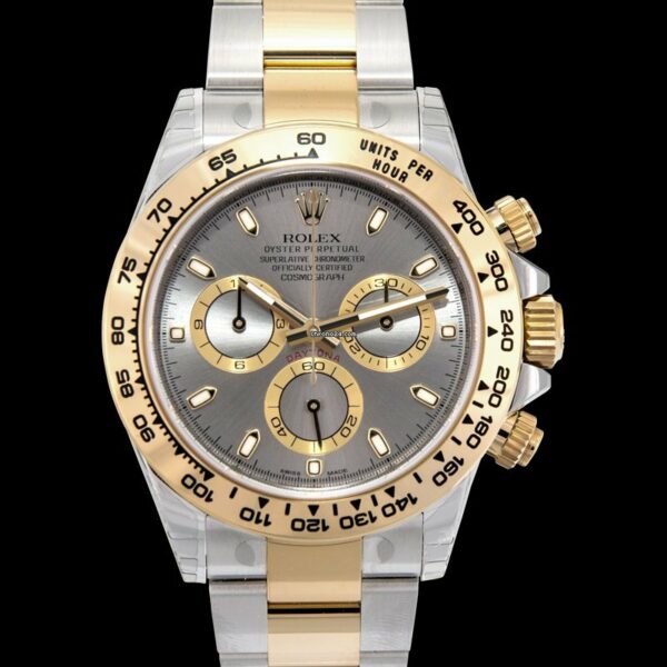 Comprar falso relógio masculino Rolex Cosmograph Daytona automático mostrador cinza aço e ouro amarelo 18k - 116503