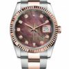 Réplica de luxo Rolex novo estilo Datejust rosa bisel canelado de dois tons e mostrador preto com madrepérola diamantes na pulseira de ostra