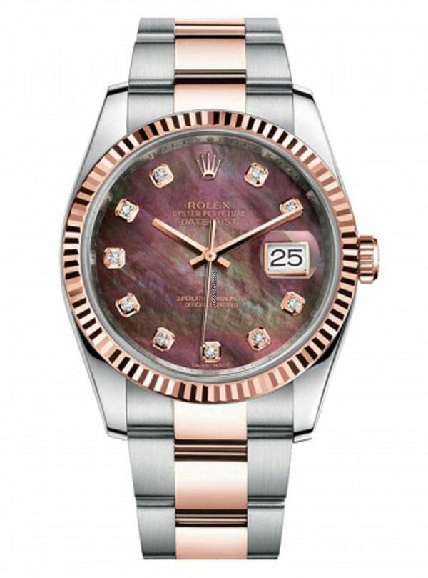 Réplica de luxo Rolex novo estilo Datejust rosa bisel canelado de dois tons e mostrador preto com madrepérola diamantes na pulseira de ostra