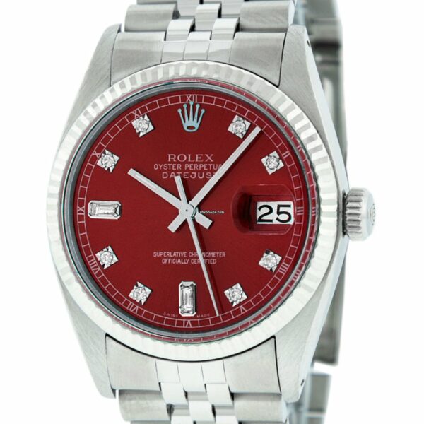 Compre um Rolex Mens Datejust falso em aço e mostrador em ouro branco 18k com diamantes vermelhos