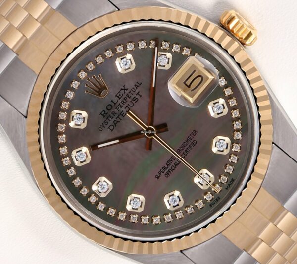 Réplique pas cher Rolex Datejust 36mm 16233 Dois Tons SS 18k Canelado Bezel-Black Mop String Mostrador Diamante