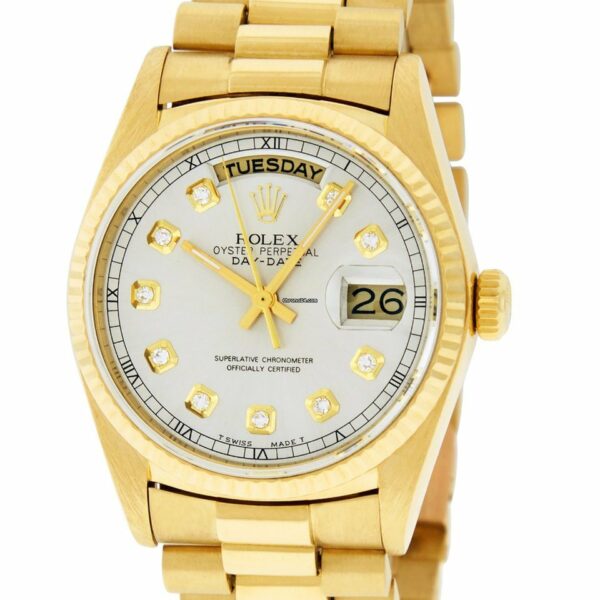 Réplica Rolex Day-date President Swiss 36mm 18K Ouro Amarelo Mostrador em Prata com Diamantes – 18038