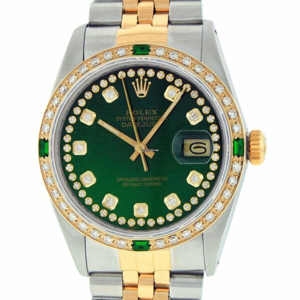 Relógio falso masculino Rolex Datejust Ss e ouro 18k Y com diamantes verdes
