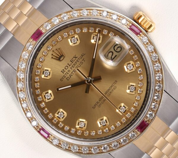 Réplique pas cher Rolex Datejust 36mm Two Tone 18k / Steel Ruby Diamond Bezel-Champagne String Dial