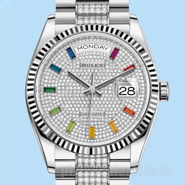 Rolex Day-Date 36mm m128239-0027 Masculino Tom Prata Mostrador Pavimentado Diamante