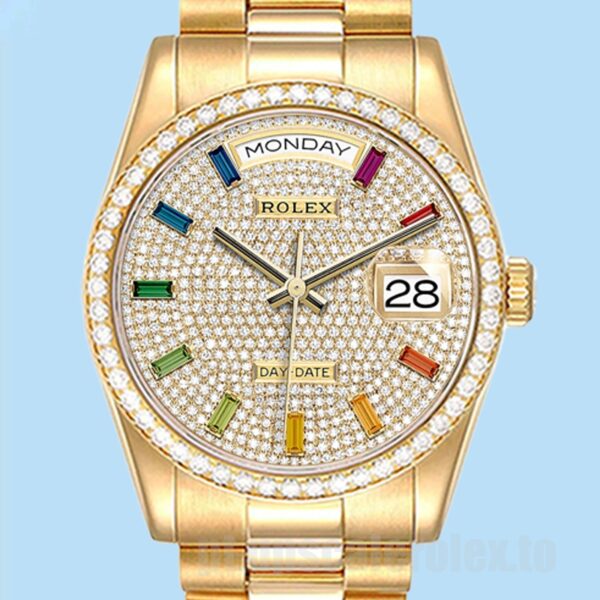 Rolex Day-Date 36mm Masculino m128348rbr-0030 Mostrador Pavimentado Diamante Tom De Ouro
