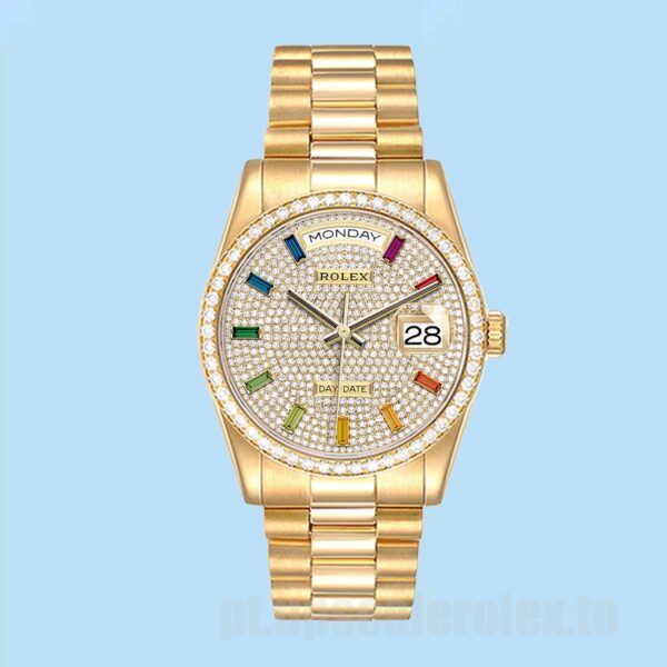Rolex Day-Date 36mm Masculino m128348rbr-0030 Mostrador Pavimentado Diamante Tom De Ouro - Image 2