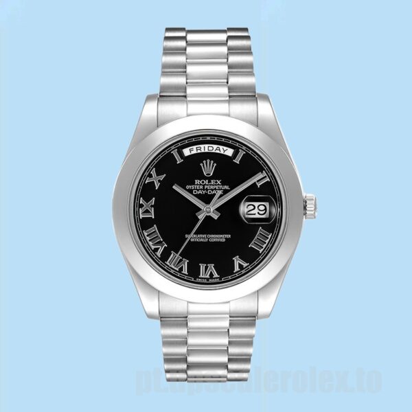Rolex Day-Date 218206 41mm Masculino Tom Prata Mostrador Preto - Image 2