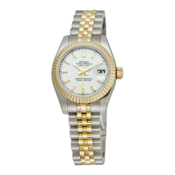 Melhor Réplica Rolex Lady Datejust Relógio Automático 26 Mostrador Branco de Aço Inoxidável e Pulseira Jubileu de Ouro Amarelo 18K 179173wsj