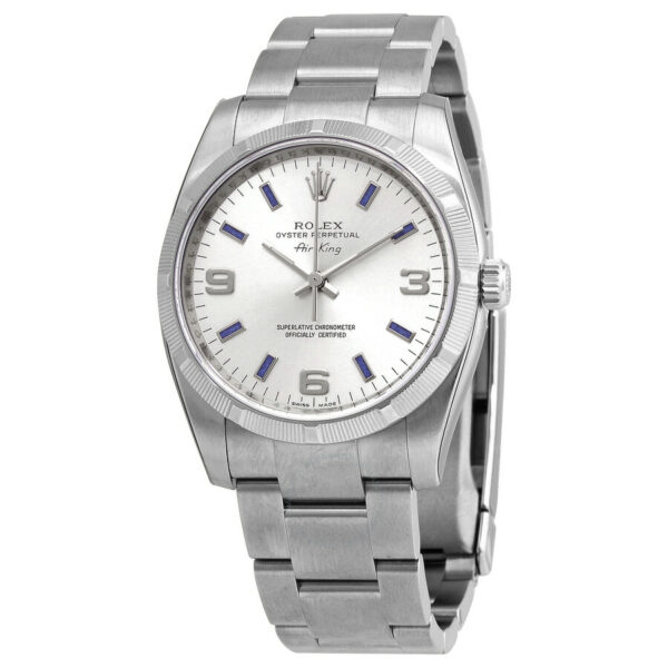 Réplica de relógio masculino suíço Rolex Airking prata árabe azul índice bisel girado motor 114210sablso
