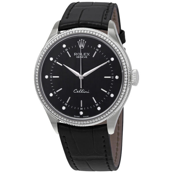 Réplica Suíça Rolex Cellini Time Automático Relógio Masculino Couro Mostrador Preto com Diamantes 50609bkdl