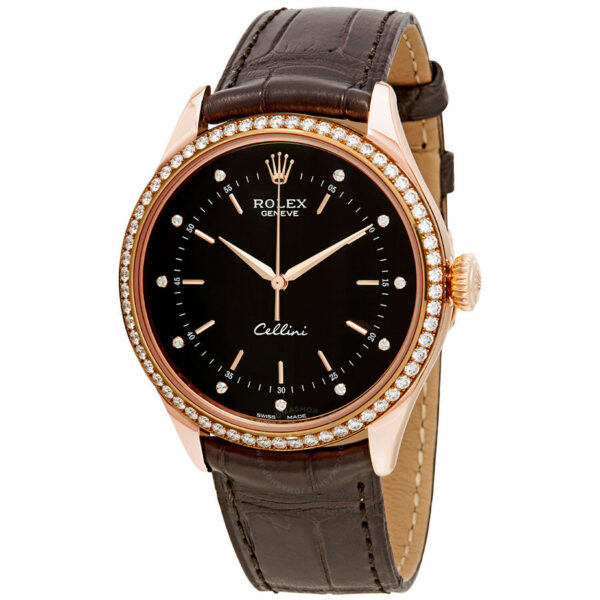 Réplica Rolex Cellini Time Relógio Masculino Automático de Couro com Mostrador Preto e Diamantes 50705bkdl