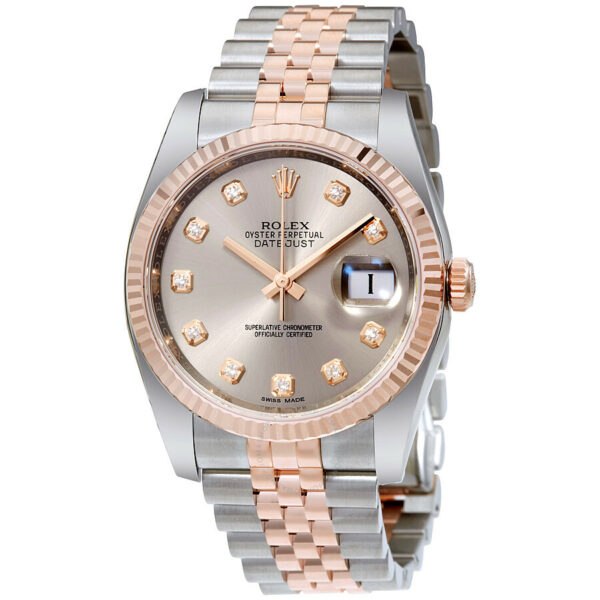 Réplica Rolex Datejust 36 Swiss Steel Dial com diamantes banhados a ródio e relógio masculino de ouro Everose 18K 116231rdj