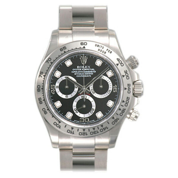 Falso Rolex Cosmograph Daytona Mostrador Preto 8 Diamantes Oyster Pulseira Ouro Branco 18k Automático Relógio Masculino 116509bkdo