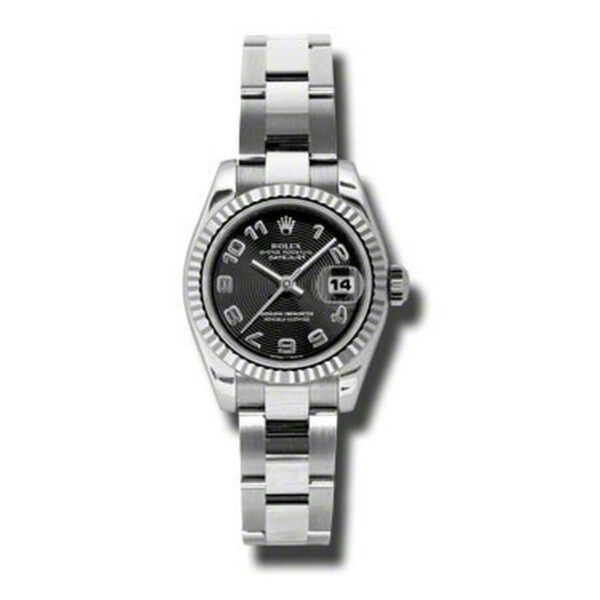 Réplica barata Rolex Lady Datejust 26 Concêntrico Preto Mostrador Pulseira Ostra de Aço Inoxidável Relógio Automático 179174bkcao