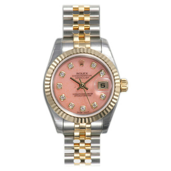 Réplica de qualidade Rolex Lady Datejust 26 Rose com 10 Diamantes Mostrador de Aço Inoxidável e Pulseira Jubileu de Ouro Amarelo 18K Relógio Automático 179173pdj