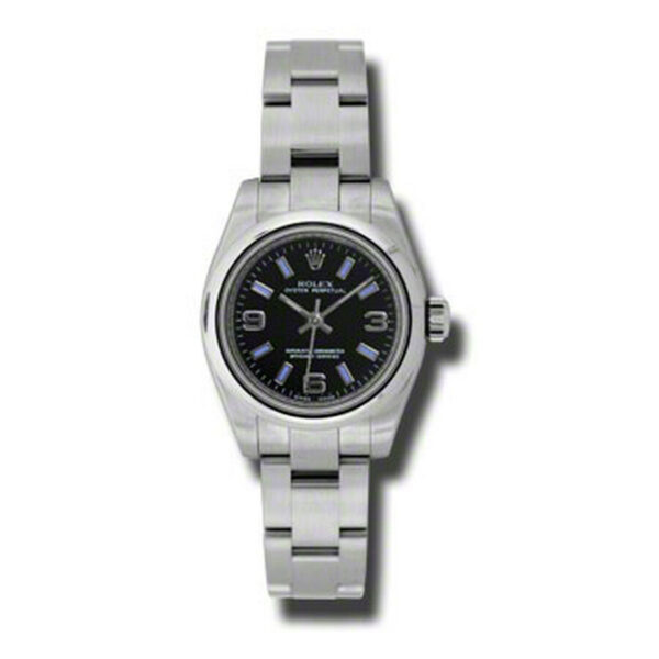 Falso relógio Rolex Lady Oyster Perpetual 26 mostrador preto pulseira de aço inoxidável relógio automático 176200bkblsao