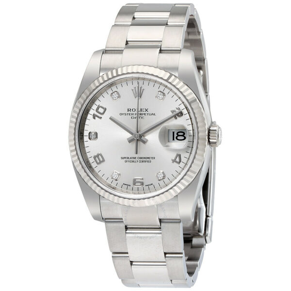 Réplica de qualidade Rolex Oyster Perpetual Date Automático Relógio Masculino 34 Mostrador Prata Pulseira de Aço Inoxidável 115234sado