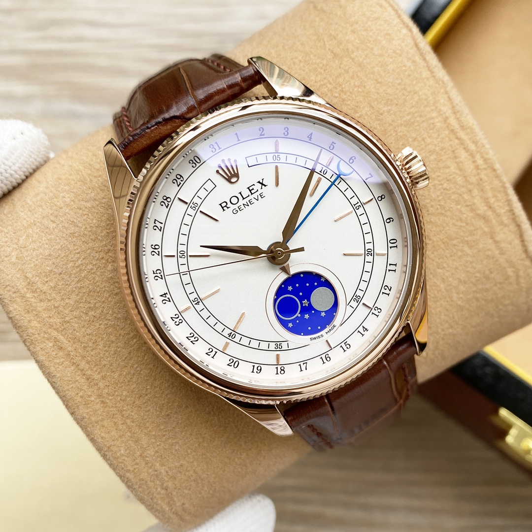 Relógio masculino Rolex Cellini PMX011 cerca de 39 mm pulseira de couro – PTUR